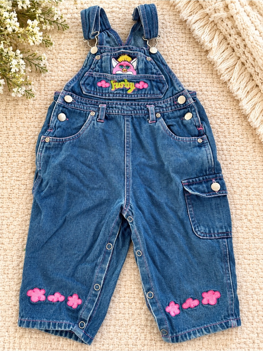 Vintage Furby Denim Overalls 18M Embroidered 90s Y2K Hasbro
